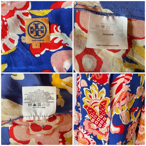 TORY BURCH SHIRT SILK BUTTON FRONT FLORAL ROLL TAB SLEEVE CHEST POCKET VIBRANT 4 - Picture 13 of 13